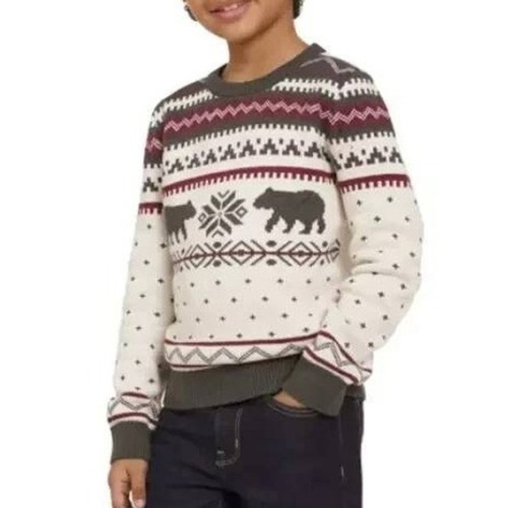 NWT Lands' End Fair Isle Holiday Sweater Kids XXS 3/4 Ivory Gray Cotton